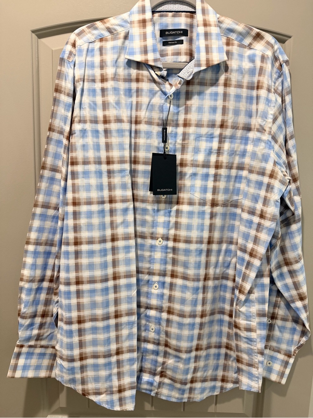 Bugatchi Light Blue and Brown Plaid Button-Down Shirt